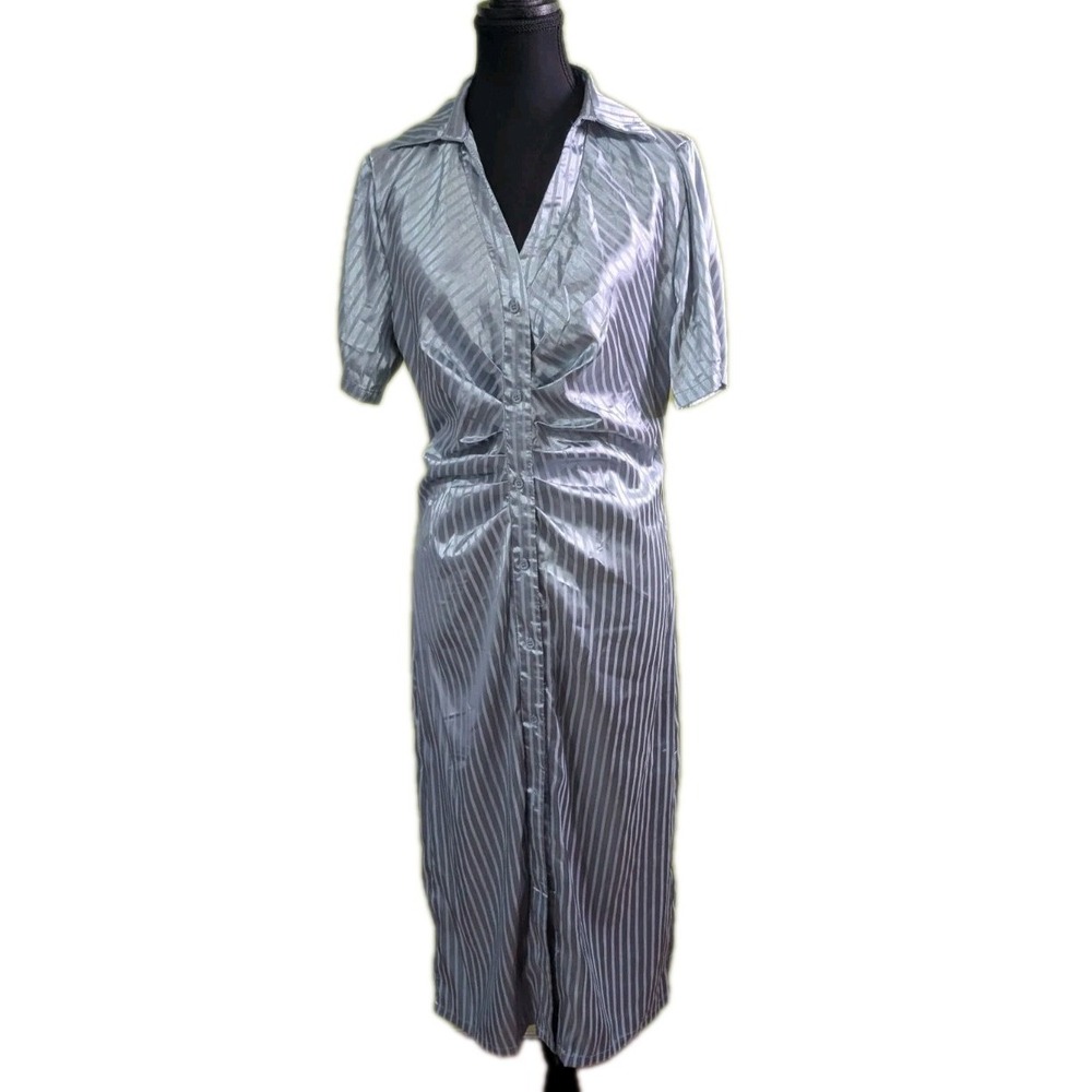 NWT Sollinarry Satin Stripe Shirt Dress Silver Gray Button Front Size M